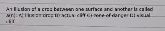 An illusion of a drop between one surface and another is called a(n): A) illusion drop B) actual cliff C) zone of danger D) visual cliff