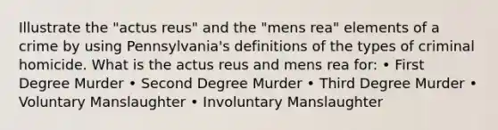 Illustrate the "actus reus" and the "mens rea" elements of a crime by using Pennsylvania's definitions of the types of criminal homicide. What is the actus reus and mens rea for: • First Degree Murder • Second Degree Murder • Third Degree Murder • Voluntary Manslaughter • Involuntary Manslaughter