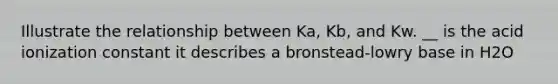 Illustrate the relationship between Ka, Kb, and Kw. __ is the acid ionization constant it describes a bronstead-lowry base in H2O