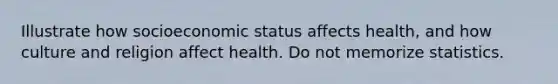 Illustrate how socioeconomic status affects health, and how culture and religion affect health. Do not memorize statistics.