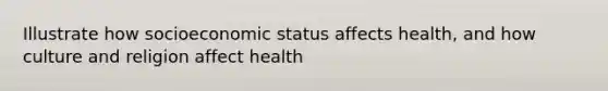 Illustrate how socioeconomic status affects health, and how culture and religion affect health