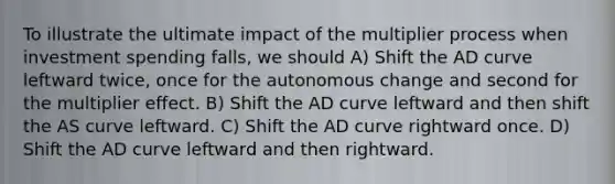 To illustrate the ultimate impact of the multiplier process when investment spending falls, we should A) Shift the AD curve leftward twice, once for the autonomous change and second for the multiplier effect. B) Shift the AD curve leftward and then shift the AS curve leftward. C) Shift the AD curve rightward once. D) Shift the AD curve leftward and then rightward.