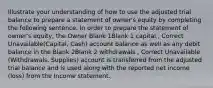 Illustrate your understanding of how to use the adjusted trial balance to prepare a statement of owner's equity by completing the following sentence. In order to prepare the statement of owner's equity, the Owner Blank 1Blank 1 capital , Correct Unavailable(Capital, Cash) account balance as well as any debit balance in the Blank 2Blank 2 withdrawals , Correct Unavailable (Withdrawals, Supplies) account is transferred from the adjusted trial balance and is used along with the reported net income (loss) from the Income statement.