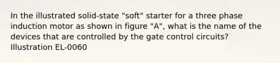 In the illustrated solid-state "soft" starter for a three phase induction motor as shown in figure "A", what is the name of the devices that are controlled by the gate control circuits? Illustration EL-0060