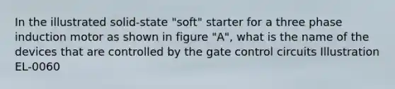 In the illustrated solid-state "soft" starter for a three phase induction motor as shown in figure "A", what is the name of the devices that are controlled by the gate control circuits Illustration EL-0060