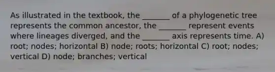 As illustrated in the textbook, the _______ of a phylogenetic tree represents the common ancestor, the _______ represent events where lineages diverged, and the _______ axis represents time. A) root; nodes; horizontal B) node; roots; horizontal C) root; nodes; vertical D) node; branches; vertical