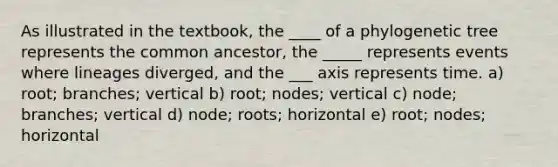 As illustrated in the textbook, the ____ of a phylogenetic tree represents the common ancestor, the _____ represents events where lineages diverged, and the ___ axis represents time. a) root; branches; vertical b) root; nodes; vertical c) node; branches; vertical d) node; roots; horizontal e) root; nodes; horizontal