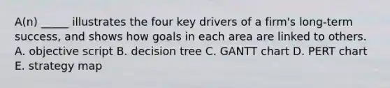 A(n) _____ illustrates the four key drivers of a firm's long-term success, and shows how goals in each area are linked to others. A. objective script B. decision tree C. GANTT chart D. PERT chart E. strategy map