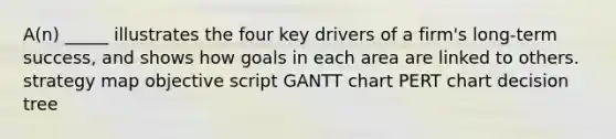 A(n) _____ illustrates the four key drivers of a firm's long-term success, and shows how goals in each area are linked to others. strategy map objective script GANTT chart PERT chart decision tree