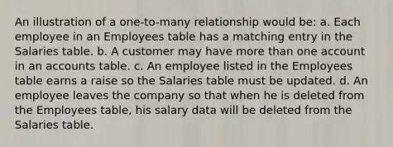 An illustration of a one-to-many relationship would be: a. Each employee in an Employees table has a matching entry in the Salaries table. b. A customer may have more than one account in an accounts table. c. An employee listed in the Employees table earns a raise so the Salaries table must be updated. d. An employee leaves the company so that when he is deleted from the Employees table, his salary data will be deleted from the Salaries table.