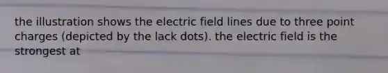 the illustration shows the electric field lines due to three point charges (depicted by the lack dots). the electric field is the strongest at