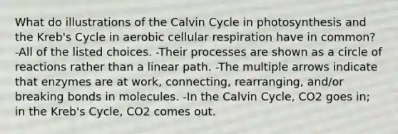 What do illustrations of the Calvin Cycle in photosynthesis and the Kreb's Cycle in aerobic cellular respiration have in common? -All of the listed choices. -Their processes are shown as a circle of reactions rather than a linear path. -The multiple arrows indicate that enzymes are at work, connecting, rearranging, and/or breaking bonds in molecules. -In the Calvin Cycle, CO2 goes in; in the Kreb's Cycle, CO2 comes out.