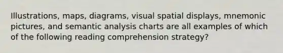 Illustrations, maps, diagrams, visual spatial displays, mnemonic pictures, and semantic analysis charts are all examples of which of the following reading comprehension strategy?