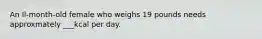 An Il-month-old female who weighs 19 pounds needs approxmately ___kcal per day.