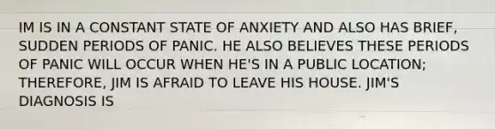 IM IS IN A CONSTANT STATE OF ANXIETY AND ALSO HAS BRIEF, SUDDEN PERIODS OF PANIC. HE ALSO BELIEVES THESE PERIODS OF PANIC WILL OCCUR WHEN HE'S IN A PUBLIC LOCATION; THEREFORE, JIM IS AFRAID TO LEAVE HIS HOUSE. JIM'S DIAGNOSIS IS