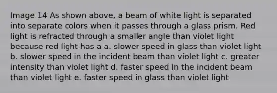 Image 14 As shown above, a beam of white light is separated into separate colors when it passes through a glass prism. Red light is refracted through a smaller angle than violet light because red light has a a. slower speed in glass than violet light b. slower speed in the incident beam than violet light c. greater intensity than violet light d. faster speed in the incident beam than violet light e. faster speed in glass than violet light