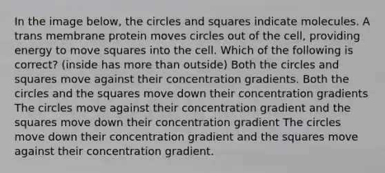 In the image below, the circles and squares indicate molecules. A trans membrane protein moves circles out of the cell, providing energy to move squares into the cell. Which of the following is correct? (inside has more than outside) Both the circles and squares move against their concentration gradients. Both the circles and the squares move down their concentration gradients The circles move against their concentration gradient and the squares move down their concentration gradient The circles move down their concentration gradient and the squares move against their concentration gradient.