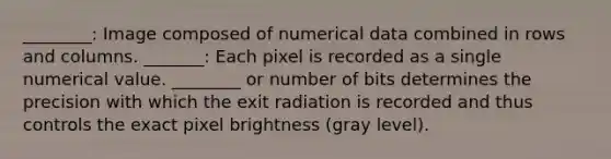 ________: Image composed of numerical data combined in rows and columns. _______: Each pixel is recorded as a single numerical value. ________ or number of bits determines the precision with which the exit radiation is recorded and thus controls the exact pixel brightness (gray level).