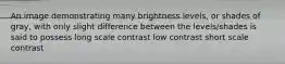 An image demonstrating many brightness levels, or shades of gray, with only slight difference between the levels/shades is said to possess long scale contrast low contrast short scale contrast