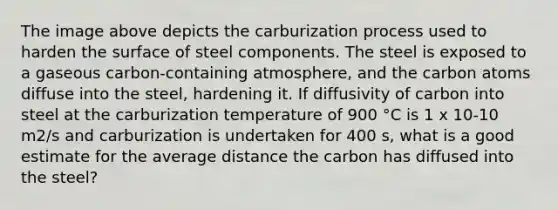 The image above depicts the carburization process used to harden the surface of steel components. The steel is exposed to a gaseous carbon-containing atmosphere, and the carbon atoms diffuse into the steel, hardening it. If diffusivity of carbon into steel at the carburization temperature of 900 °C is 1 x 10-10 m2/s and carburization is undertaken for 400 s, what is a good estimate for the average distance the carbon has diffused into the steel?