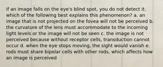 if an image falls on the eye's blind spot, you do not detect it. which of the following best explains this phenomenon? a. an image that is not projected on the fovea will not be perceived b. the curvature of the lens must accommodate to the incoming light levels or the image will not be seen c. the image is not perceived because without receptor cells, transduction cannot occur d. when the eye stops moving, the sight would vanish e. rods must share bipolar cells with other rods, which affects how an image is perceived