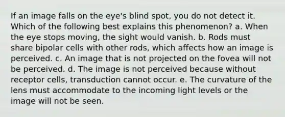 If an image falls on the eye's blind spot, you do not detect it. Which of the following best explains this phenomenon? a. When the eye stops moving, the sight would vanish. b. Rods must share bipolar cells with other rods, which affects how an image is perceived. c. An image that is not projected on the fovea will not be perceived. d. The image is not perceived because without receptor cells, transduction cannot occur. e. The curvature of the lens must accommodate to the incoming light levels or the image will not be seen.