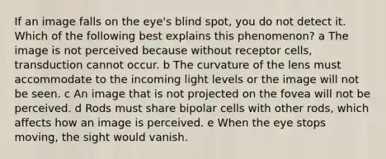 If an image falls on the eye's blind spot, you do not detect it. Which of the following best explains this phenomenon? a The image is not perceived because without receptor cells, transduction cannot occur. b The curvature of the lens must accommodate to the incoming light levels or the image will not be seen. c An image that is not projected on the fovea will not be perceived. d Rods must share bipolar cells with other rods, which affects how an image is perceived. e When the eye stops moving, the sight would vanish.