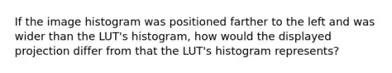 If the image histogram was positioned farther to the left and was wider than the LUT's histogram, how would the displayed projection differ from that the LUT's histogram represents?