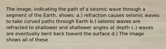 The image, indicating the path of a seismic wave through a segment of the Earth, shows: a.) refraction causes seismic waves to take curved paths through Earth b.) seismic waves are refracted to shallower and shallower angles at depth c.) waves are eventually bent back toward the surface d.) The image shows all of these