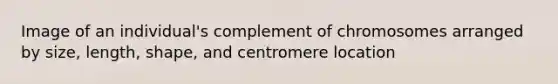 Image of an individual's complement of chromosomes arranged by size, length, shape, and centromere location