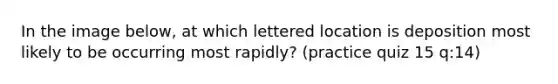 In the image below, at which lettered location is deposition most likely to be occurring most rapidly? (practice quiz 15 q:14)