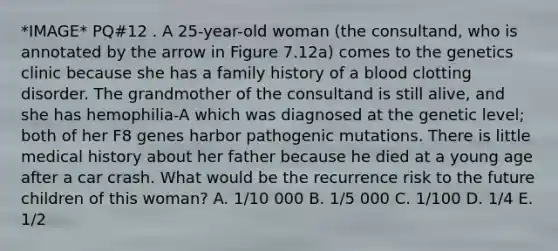 *IMAGE* PQ#12 . A 25-year-old woman (the consultand, who is annotated by the arrow in Figure 7.12a) comes to the genetics clinic because she has a family history of a blood clotting disorder. The grandmother of the consultand is still alive, and she has hemophilia-A which was diagnosed at the genetic level; both of her F8 genes harbor pathogenic mutations. There is little medical history about her father because he died at a young age after a car crash. What would be the recurrence risk to the future children of this woman? A. 1/10 000 B. 1/5 000 C. 1/100 D. 1/4 E. 1/2