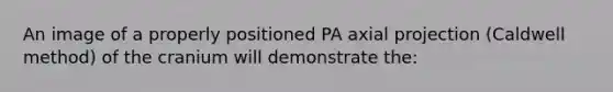 An image of a properly positioned PA axial projection (Caldwell method) of the cranium will demonstrate the: