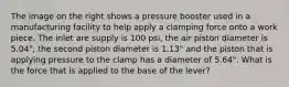 The image on the right shows a pressure booster used in a manufacturing facility to help apply a clamping force onto a work piece. The inlet are supply is 100 psi, the air piston diameter is 5.04", the second piston diameter is 1.13" and the piston that is applying pressure to the clamp has a diameter of 5.64". What is the force that is applied to the base of the lever?
