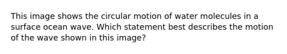 This image shows the circular motion of water molecules in a surface ocean wave. Which statement best describes the motion of the wave shown in this image?