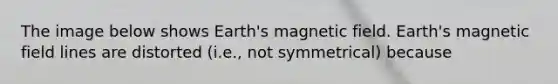 The image below shows Earth's magnetic field. Earth's magnetic field lines are distorted (i.e., not symmetrical) because