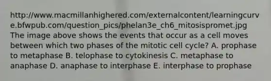 http://www.macmillanhighered.com/externalcontent/learningcurve.bfwpub.com/question_pics/phelan3e_ch6_mitosispromet.jpg The image above shows the events that occur as a cell moves between which two phases of the mitotic cell cycle? A. prophase to metaphase B. telophase to cytokinesis C. metaphase to anaphase D. anaphase to interphase E. interphase to prophase