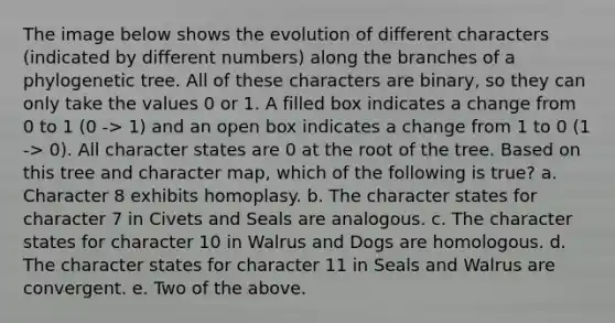 The image below shows the evolution of different characters (indicated by different numbers) along the branches of a phylogenetic tree. All of these characters are binary, so they can only take the values 0 or 1. A filled box indicates a change from 0 to 1 (0 -> 1) and an open box indicates a change from 1 to 0 (1 -> 0). All character states are 0 at the root of the tree. Based on this tree and character map, which of the following is true? a. Character 8 exhibits homoplasy. b. The character states for character 7 in Civets and Seals are analogous. c. The character states for character 10 in Walrus and Dogs are homologous. d. The character states for character 11 in Seals and Walrus are convergent. e. Two of the above.