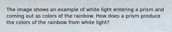 The image shows an example of white light entering a prism and coming out as colors of the rainbow. How does a prism produce the colors of the rainbow from white light?