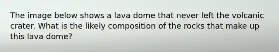 The image below shows a lava dome that never left the volcanic crater. What is the likely composition of the rocks that make up this lava dome?