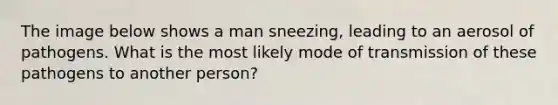 The image below shows a man sneezing, leading to an aerosol of pathogens. What is the most likely mode of transmission of these pathogens to another person?