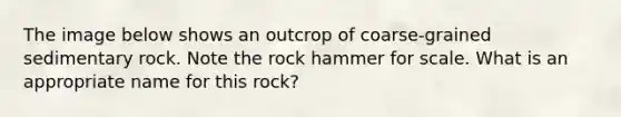 The image below shows an outcrop of coarse-grained sedimentary rock. Note the rock hammer for scale. What is an appropriate name for this rock?