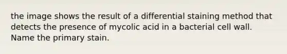 the image shows the result of a differential staining method that detects the presence of mycolic acid in a bacterial cell wall. Name the primary stain.