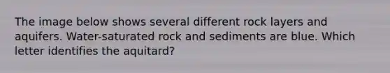 The image below shows several different rock layers and aquifers. Water-saturated rock and sediments are blue. Which letter identifies the aquitard?