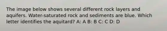 The image below shows several different rock layers and aquifers. Water-saturated rock and sediments are blue. Which letter identifies the aquitard? A: A B: B C: C D: D