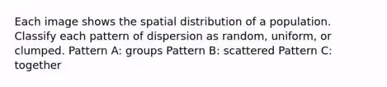 Each image shows the spatial distribution of a population. Classify each pattern of dispersion as random, uniform, or clumped. Pattern A: groups Pattern B: scattered Pattern C: together