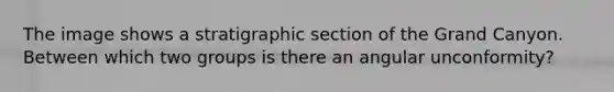 The image shows a stratigraphic section of the Grand Canyon. Between which two groups is there an angular unconformity?