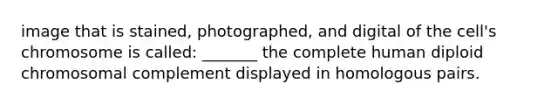 image that is stained, photographed, and digital of the cell's chromosome is called: _______ the complete human diploid chromosomal complement displayed in homologous pairs.