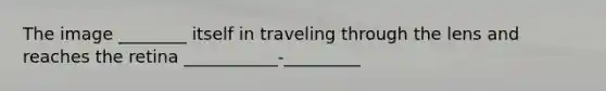 The image ________ itself in traveling through the lens and reaches the retina ___________-_________