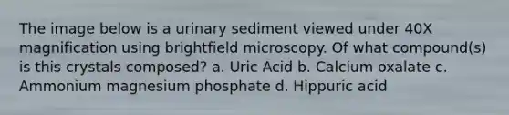 The image below is a urinary sediment viewed under 40X magnification using brightfield microscopy. Of what compound(s) is this crystals composed? a. Uric Acid b. Calcium oxalate c. Ammonium magnesium phosphate d. Hippuric acid